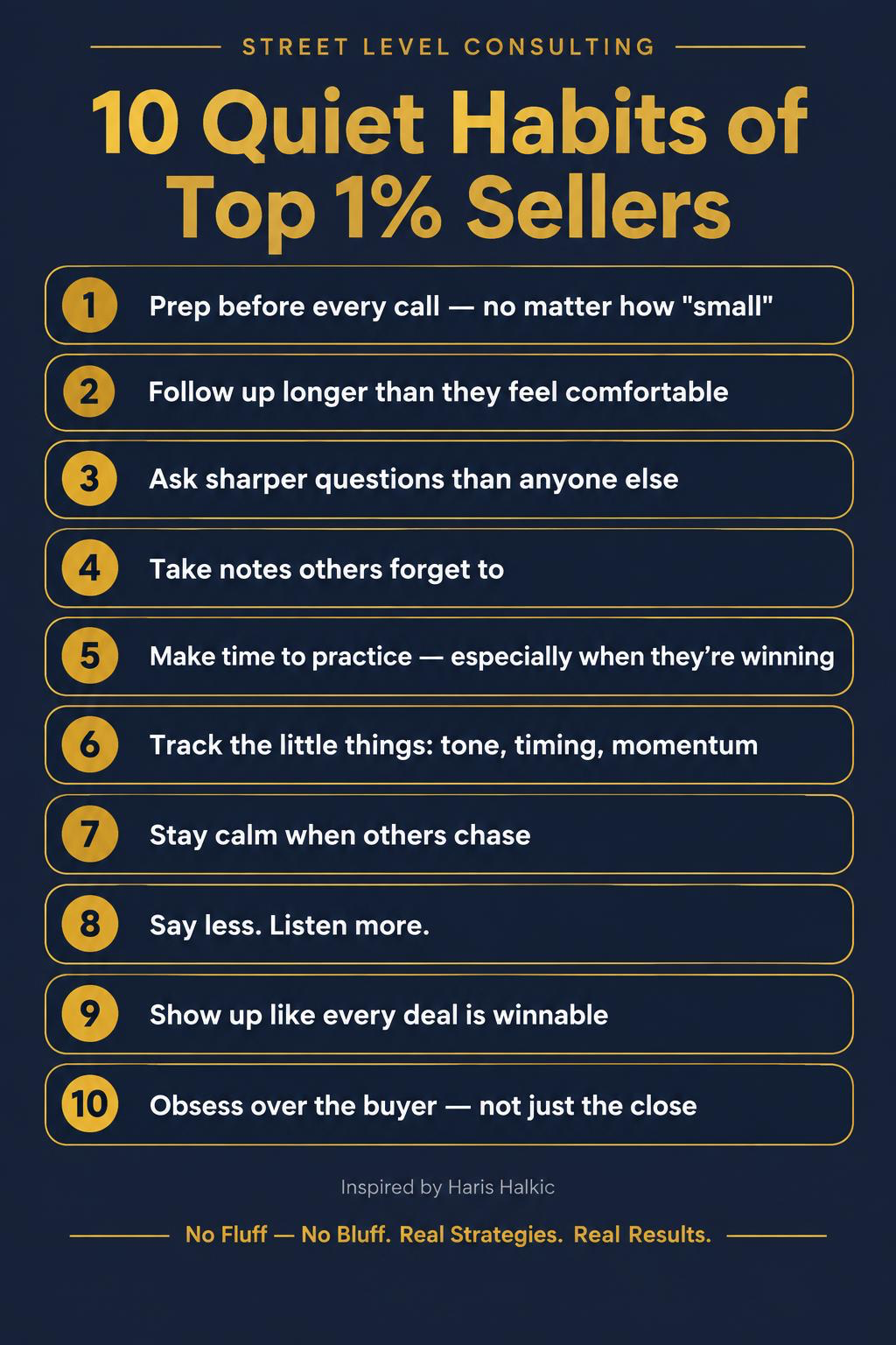 Street Level Consulting infographic titled 10 Quiet Habits of Top 1% Sellers, listing ten habits such as prep before every call, follow up longer than you feel comfortable, ask sharper questions, take notes others forget, stay calm when others chase, say less and listen more, and obsess over the buyer, not just the close.