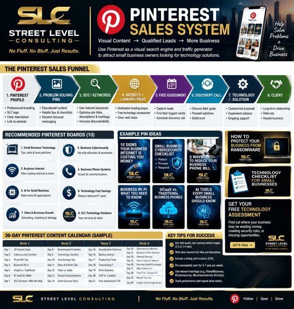 Street Level Consulting infographic titled Pinterest Sales System, showing an eight-step funnel from Pinterest profile to client, ten recommended Pinterest boards, example pin ideas, a 30-day content calendar and key tips for success.