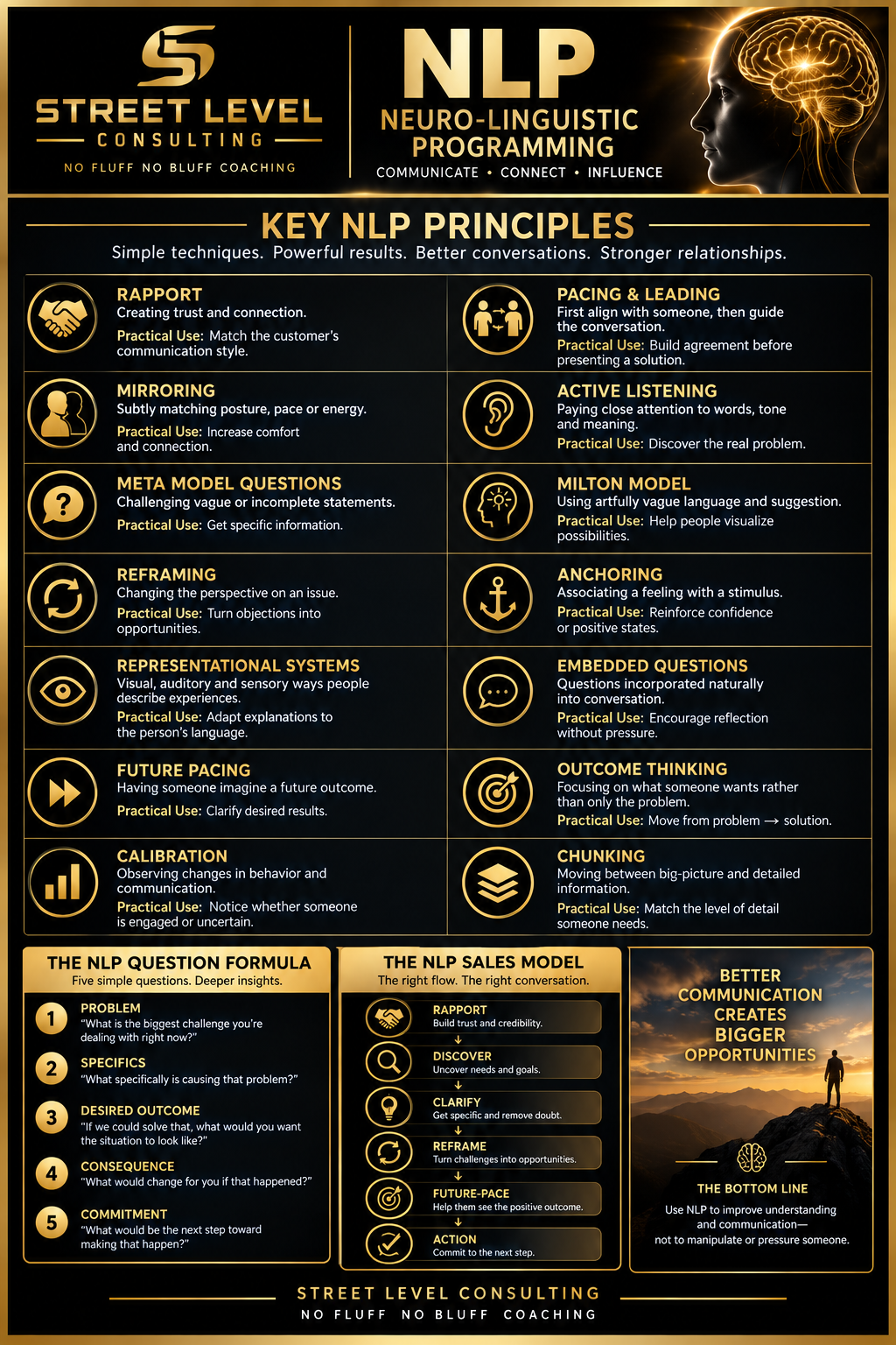 Street Level Consulting infographic on Neuro-Linguistic Programming for sales, covering key NLP principles, a question formula, and a sales conversation model.