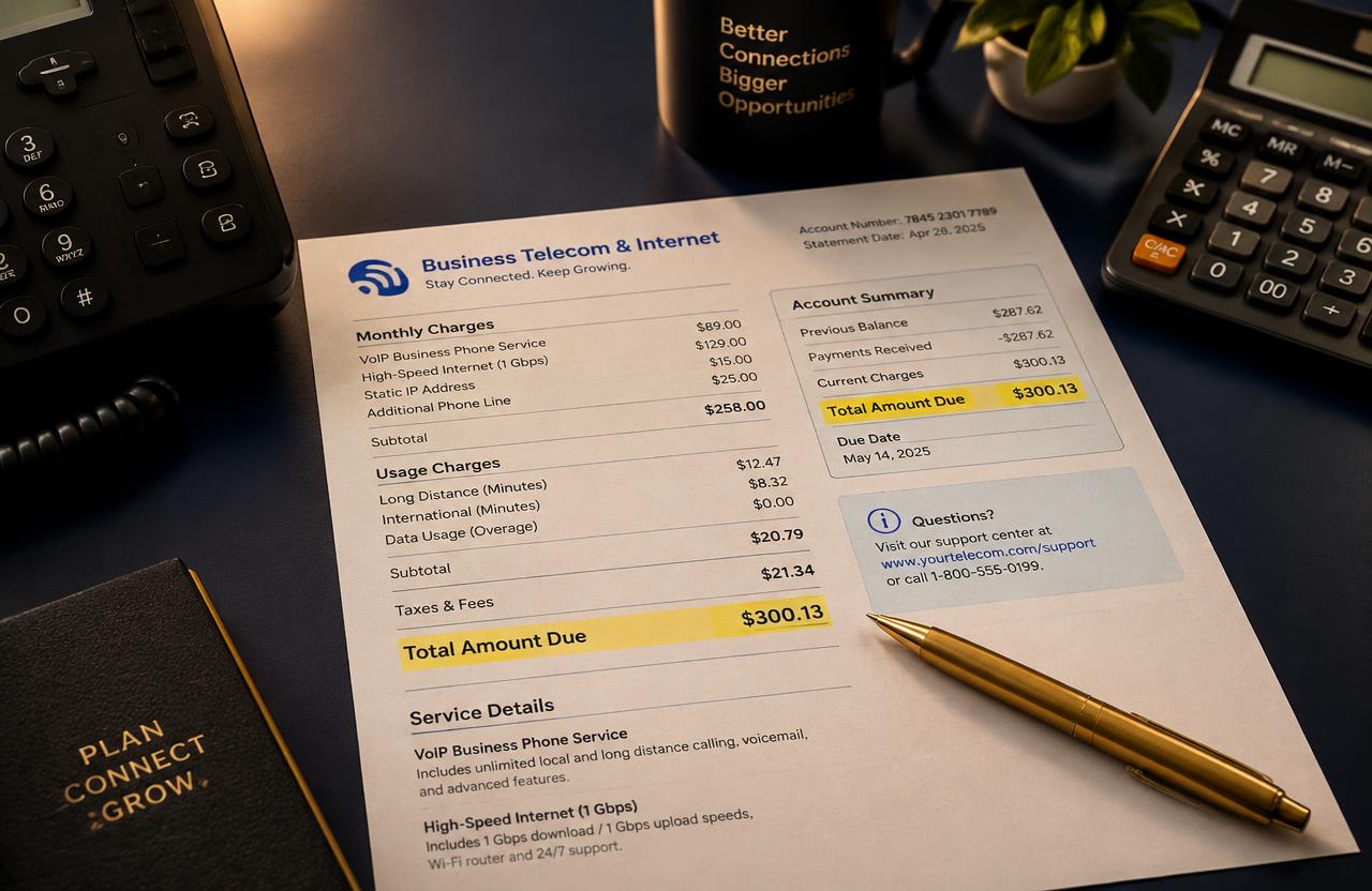 Business phone and internet bill on a desk with a gold pen and calculator