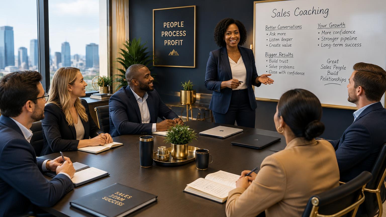 A sales team gathered around a conference table during a coaching session